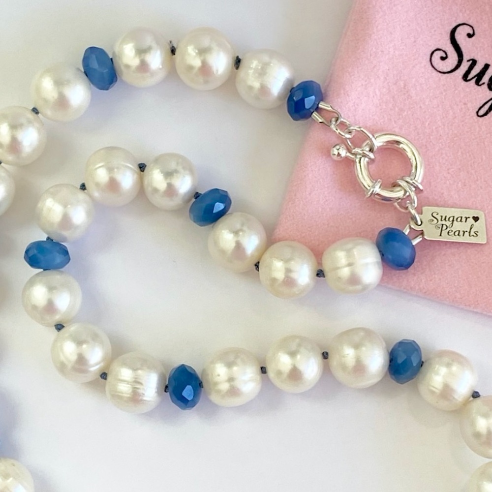 Freshwater Pearl & Blue Agate Necklace/Hand Knotted - Picture 3 of 5